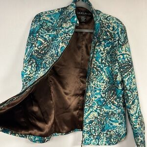 Silkland 100% Silk Quilted Zip Up Jacket Brown & Teal, lined, Size XL. EUC